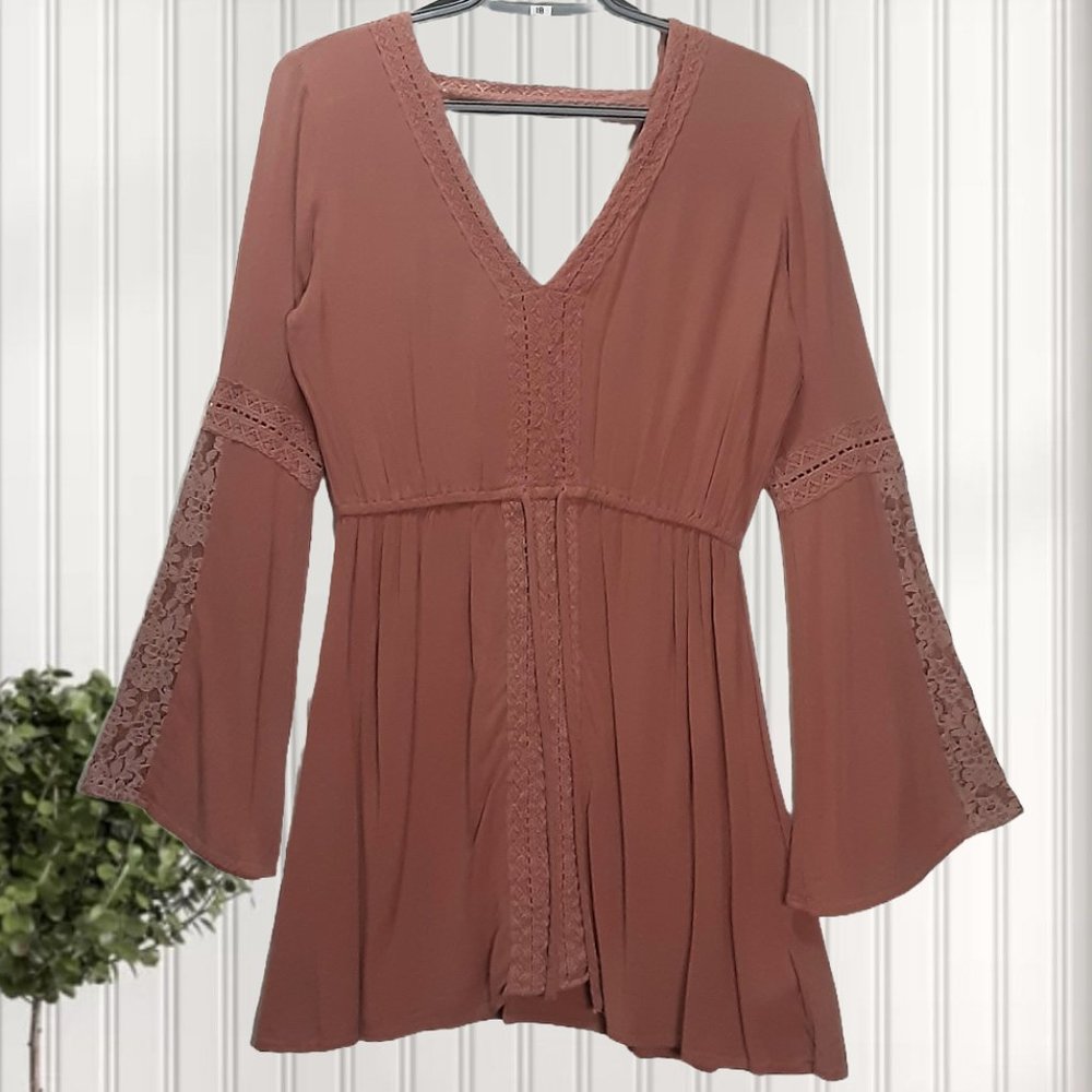 Flared Long Lace Sleeve V-Neck Tunic top